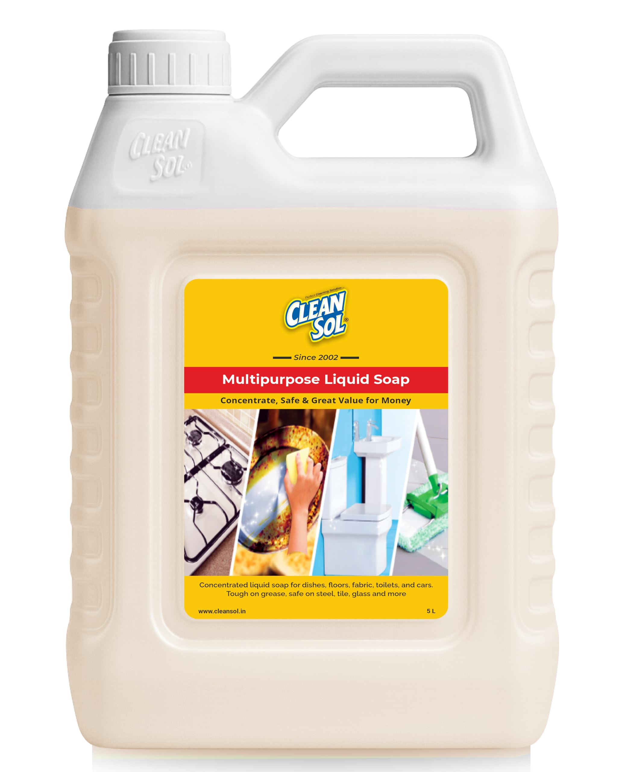 Cleansol Multipurpose Liquid Soap Concentrate | All-Purpose Cleaner for Kitchen, Dishwashing, Floors & Cars | Heavy-Duty Grease Remover - 5 Ltr