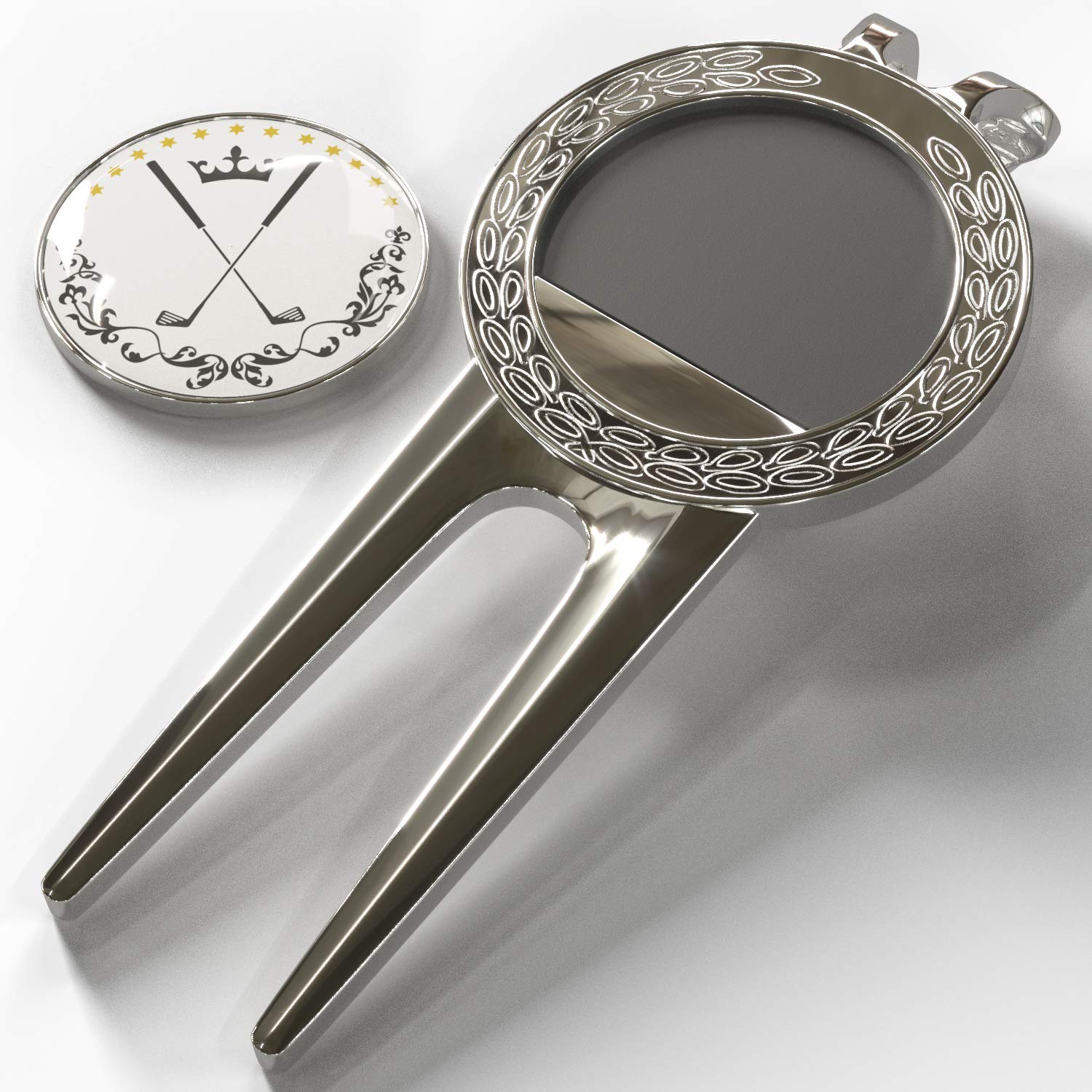 Pitchgabel Golf Divot Tool Magnet Ball Marker | Premium Qualität Ballmarker | Magnetisch Abnehmbarer Markierer | Ballmarkierung | Pitchmarken | Hochwertiger Marker | (Silber)