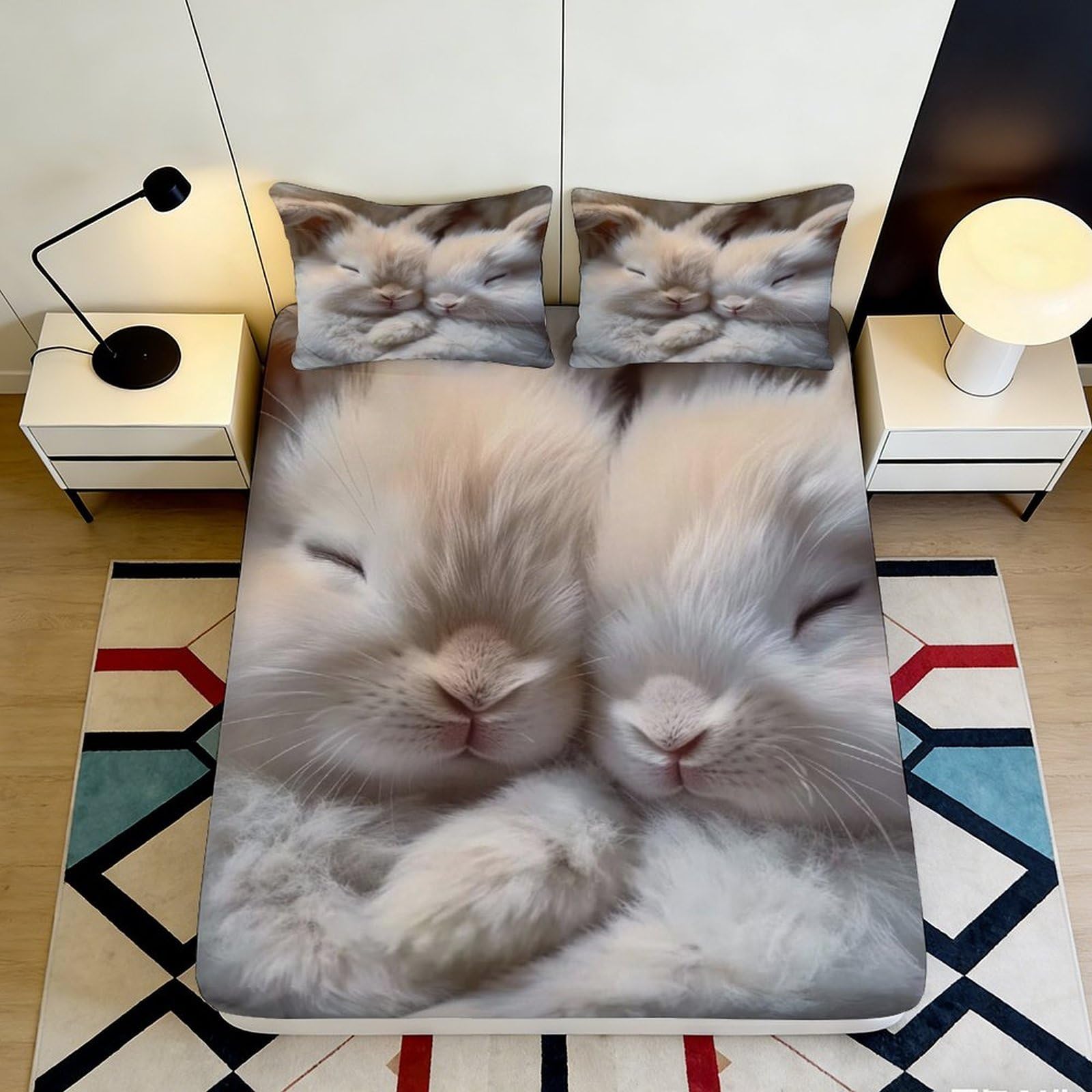 3D Printed Cute Bunny Fitted Sheet Microfiber Soft Breathable Sleeping Rabbits Bed Cover for Bedroom Dormitory Guest Room Mattress Protection Decor 120x200x25cm