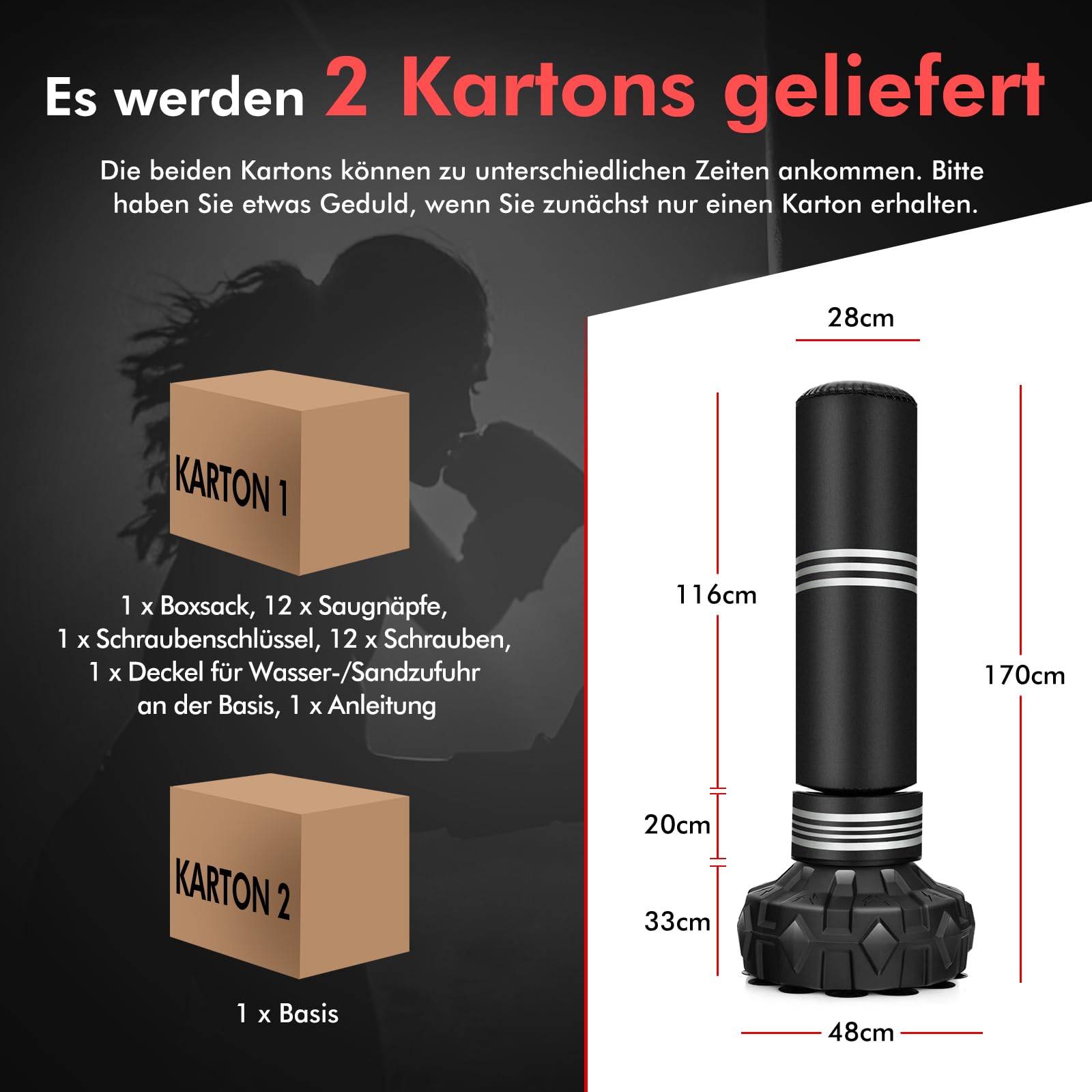 COSTWAY Boxsack stehend, 170 cm Schwerer Box Sack mit gefülltem Ständer, Standboxsack aus Kunstleder mit Saugnapf, Kickboxsack für Kinder, Jugendliche & Erwachsene, Boxing Trainer für Zuhause