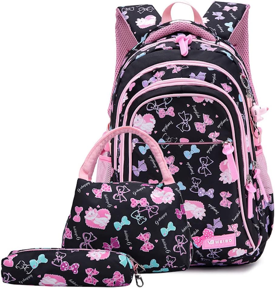 WSLCN Girls Backpack School Bags Kids Cute Cat Print Bookbag 3 Piece Set Waterproof Primary Junior High Rucksack Black