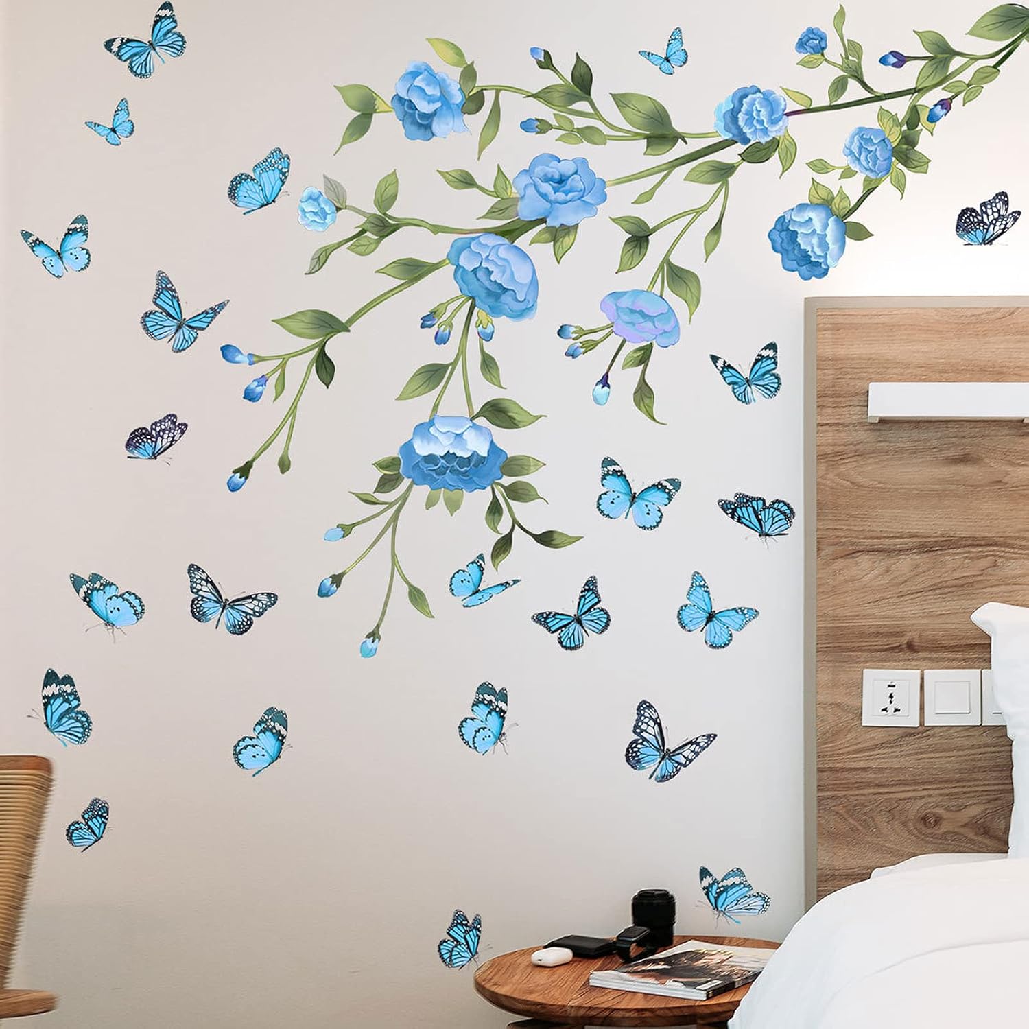 Flower Wall Decals Tree Branch Wall Stickers Peel and Stick Removable DIY Floral Butterflies Wall Decals Tree Leaves Plant Wall Art Stickers Murals for Home Wall Decor (Blue)