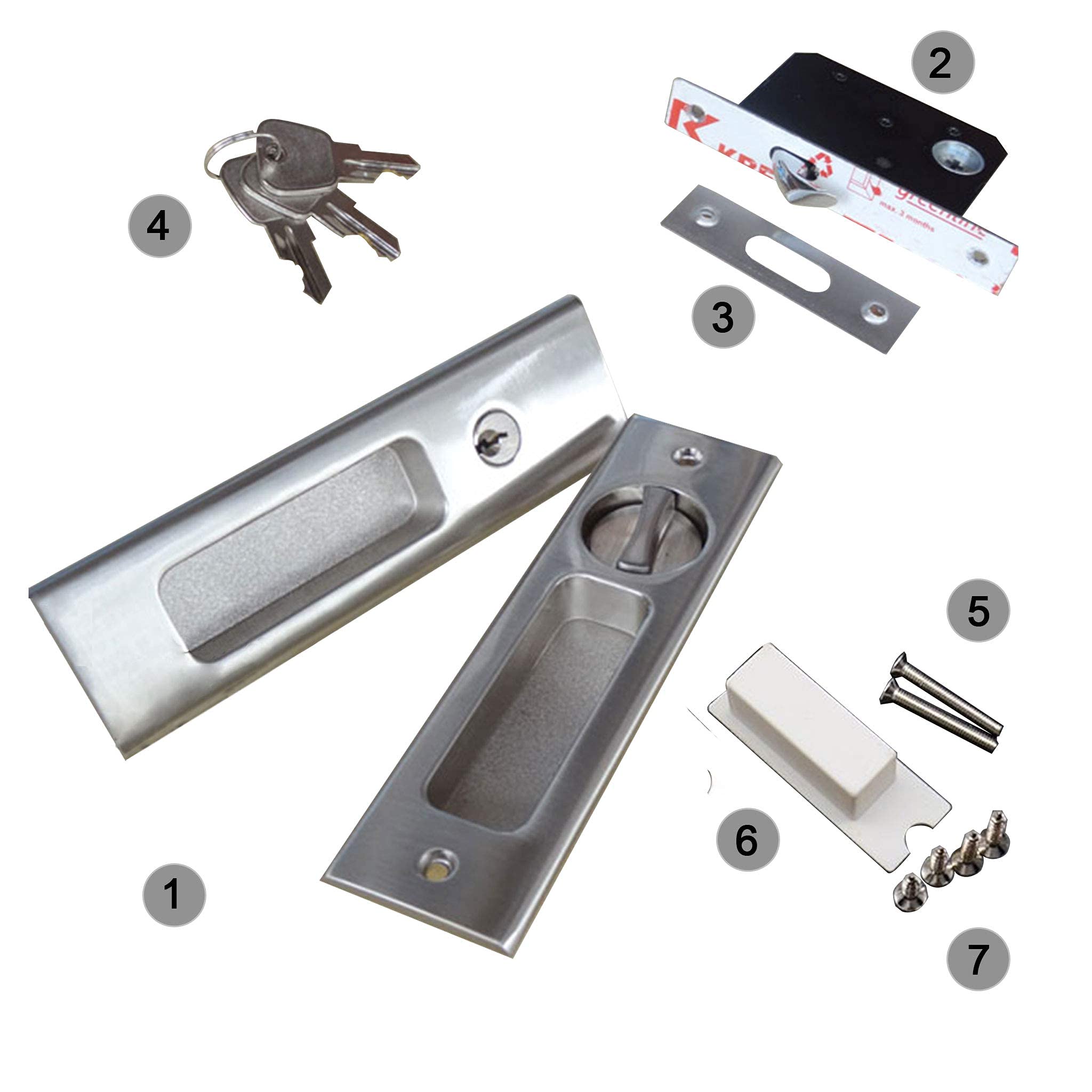 CCJH Cerradura de puerta corredera invisible empotrada con llaves para puerta de bolsillo, puerta de madera de granero, puerta interior, muebles de privacidad, herrajes plateados