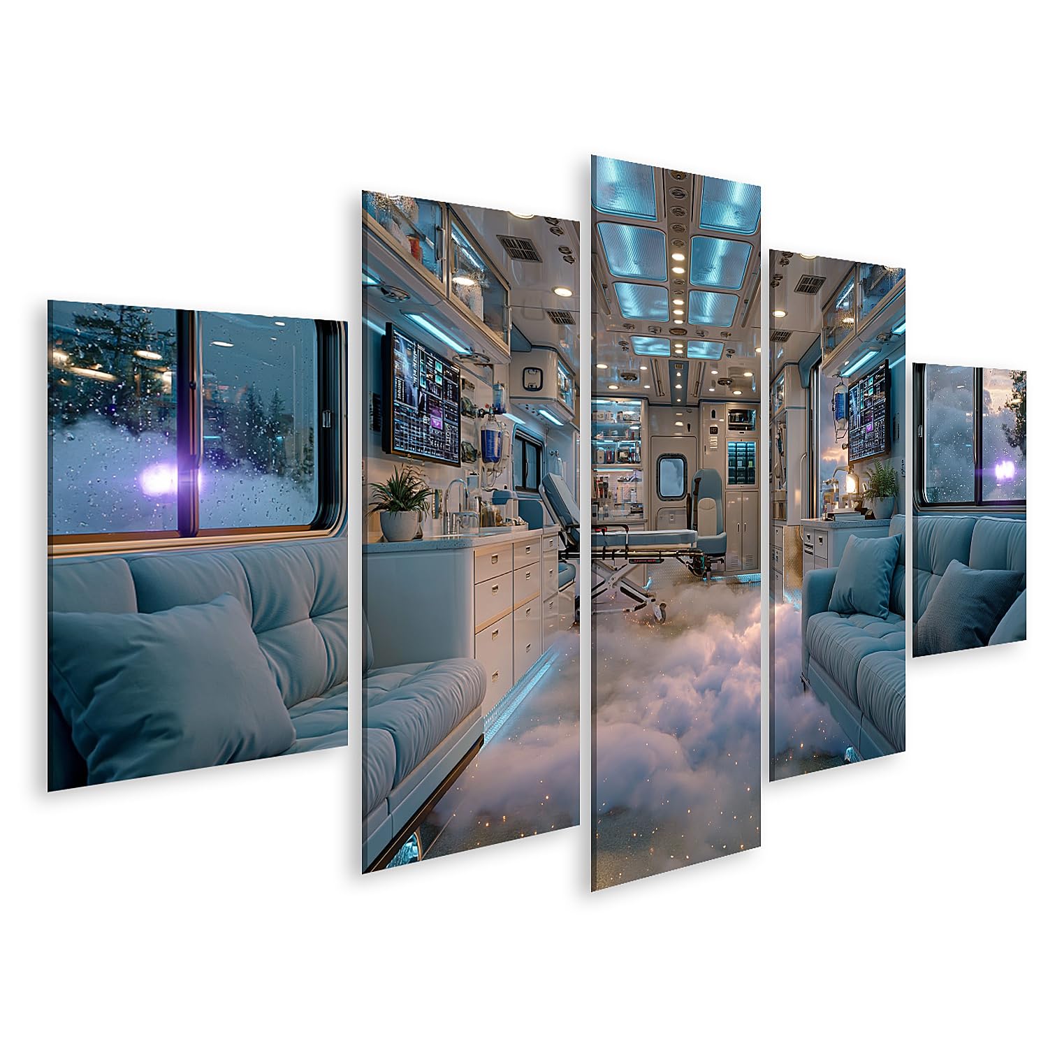 islandburner Bild auf Leinwand Futuristisches Krankenwagen-Interieur Wandbild für Büro und Praxis - Für Technikbegeisterte - 5-teilig
