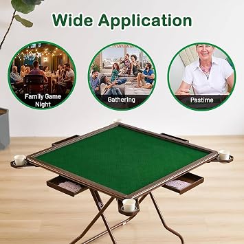 Mahjong Table Foldable,Square 4 Player Folding Card Table,Wear-Resistant Desktop,With Cup Holders & Drawers,For Table,Board Game,Camping(Rosegold)
