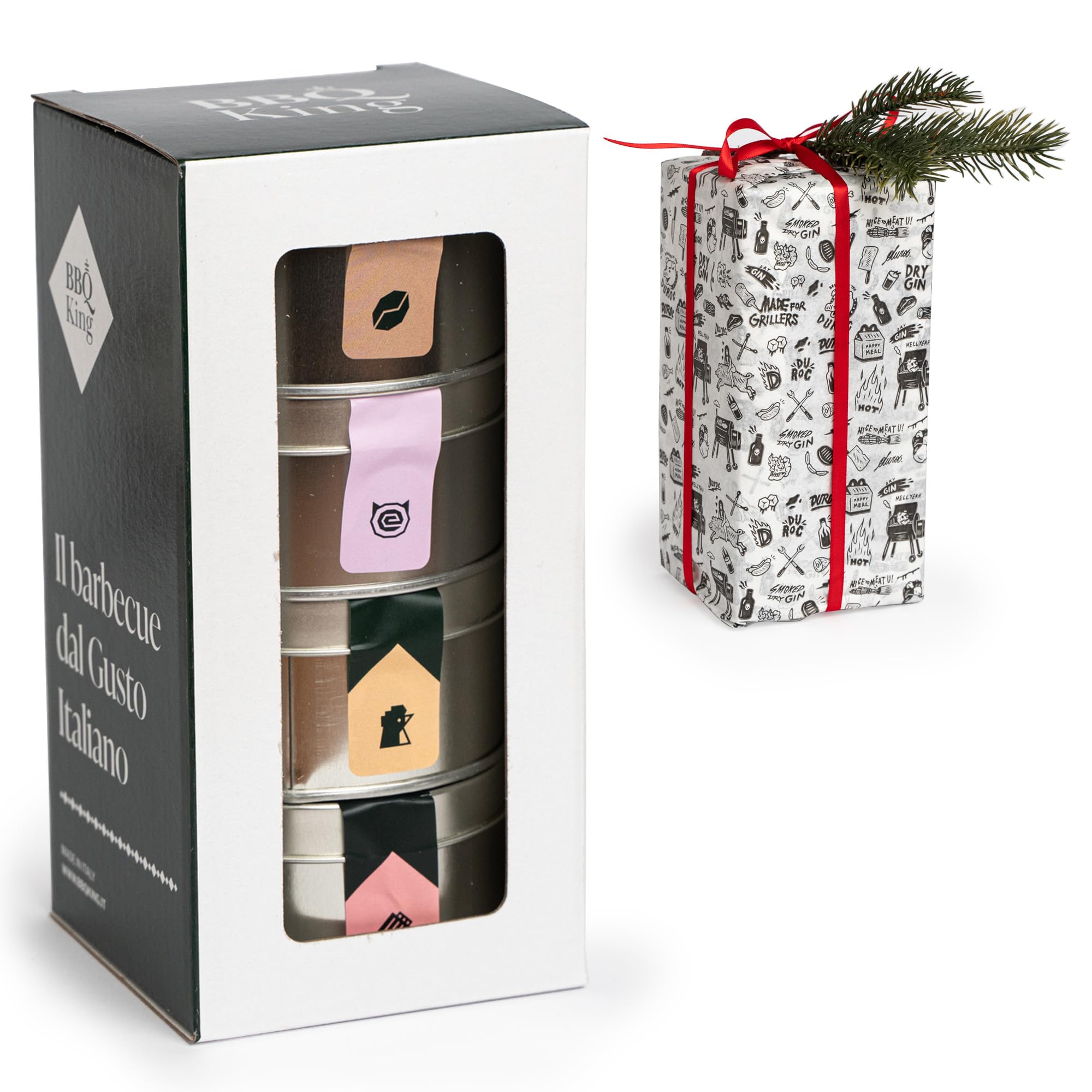 Bbq King Spices Are Always The Secret Blancas/Negro/Carne Bbq King - Set De Regalo Navideño Bbq Rub 4X7 G, Ribs Rub, Chicken Rub, Espresso Rub, Porkit Rub, 100% Made In Italy, Ideal Como Regalo Para Los Amantes De La Barbacoa, Con Decoración Navideña