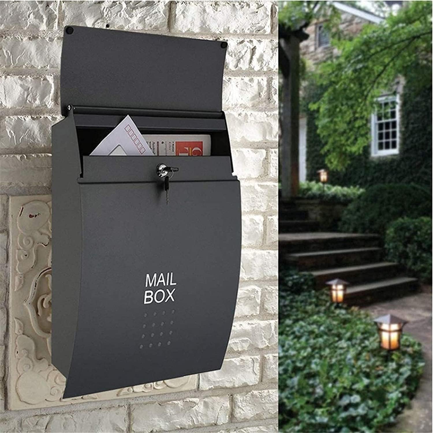 Outdoor Parcel Drop Box Post Box Mailbox with Key Lock, Outdoor Rainproof Metal Wall-Mounted Parcel Drop Box Large Magazine Postbox with Lock and Keys (Black 32 * 10.5 * 45.5cm)