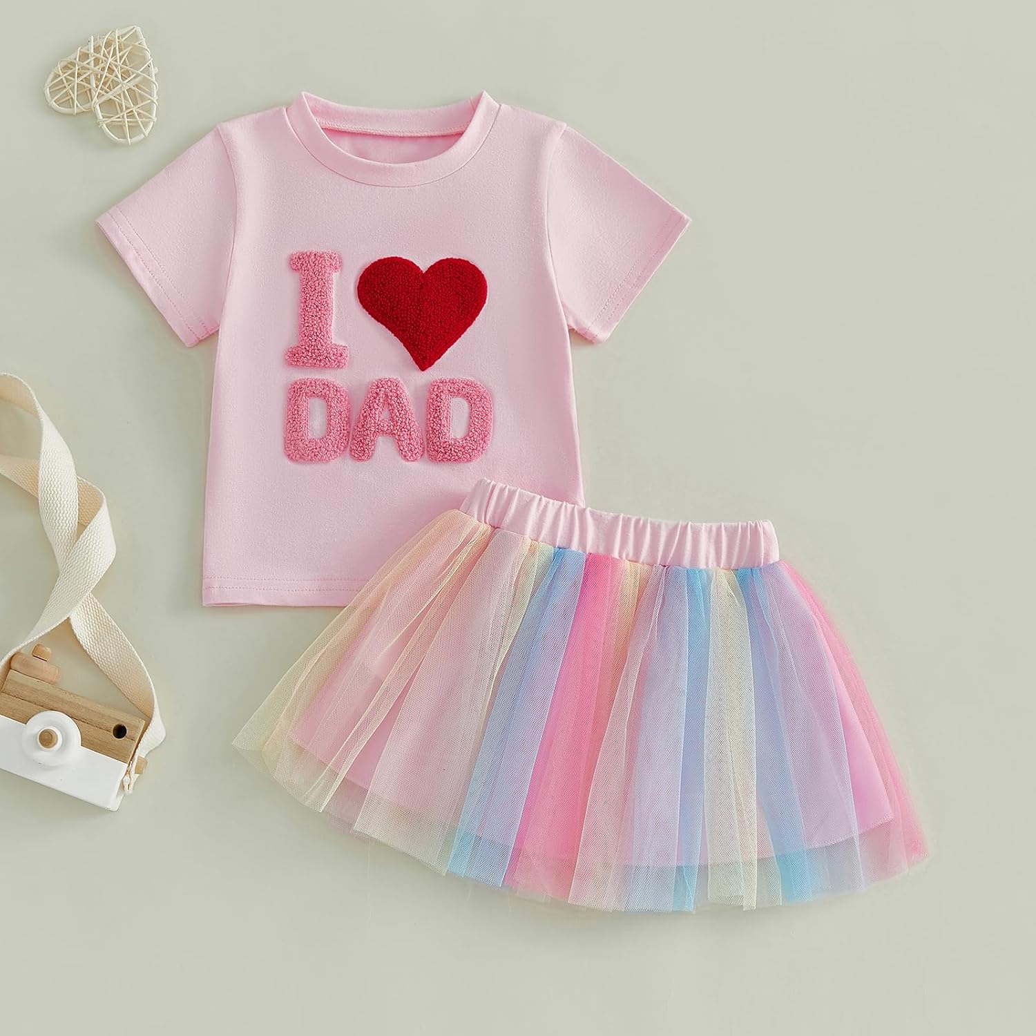 Toddler Baby Girl Fathers Day Outfit I Love Dad Embroidery Short Sleeve T-Shirt Tulle Tutu Skirt Set Summer Clothes