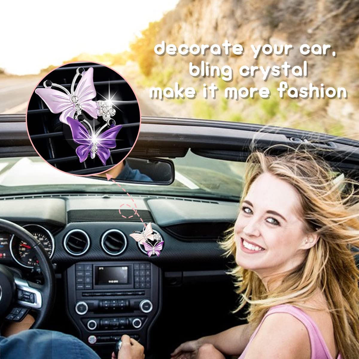 2Pcs Bling Butterfly Air Vent Clips Cute Rhinestone Car Air Fresheners Vent Clips Crystal Decoration Car Accessories for — view 2