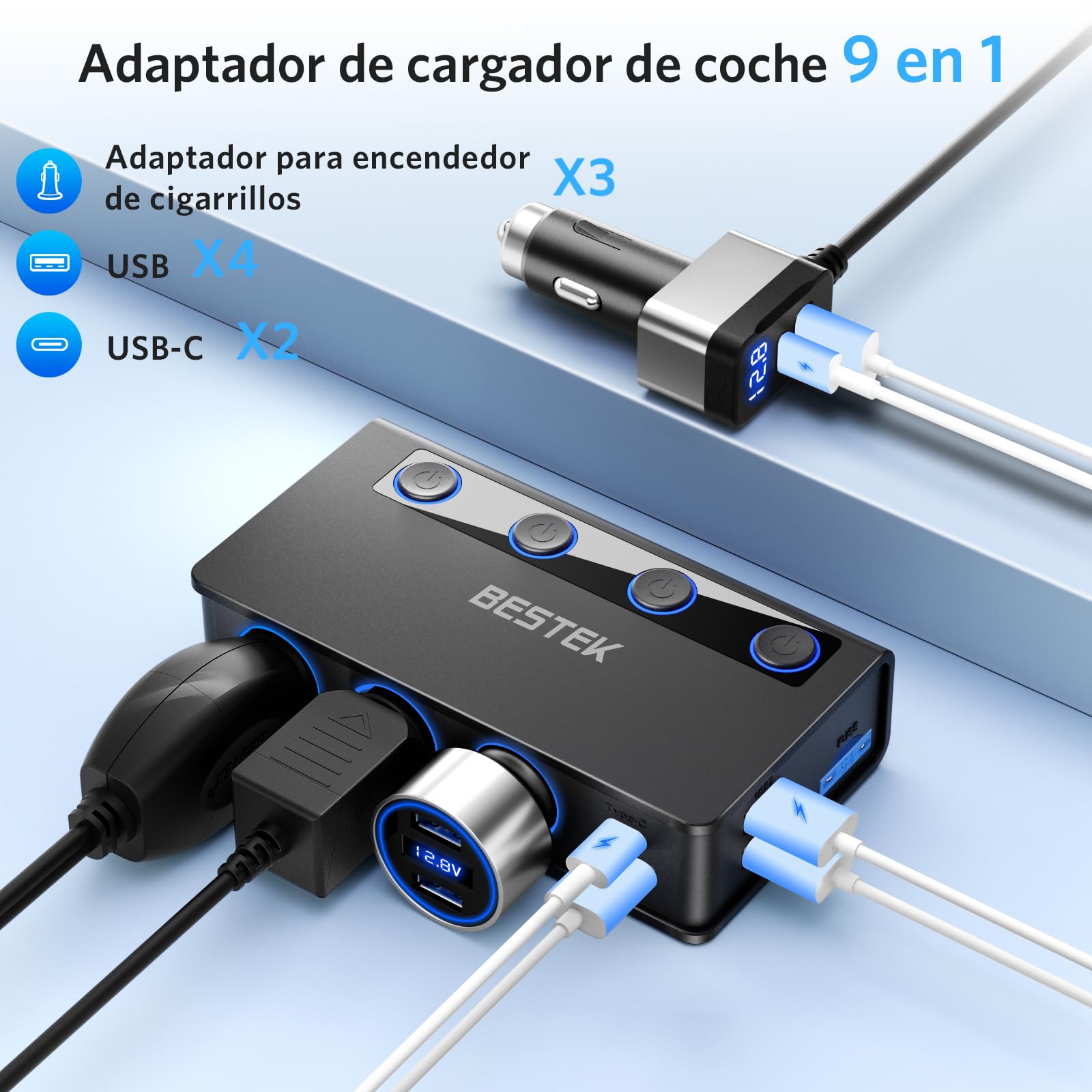 BESTEK Cargador de Coche 180 W, Cargador Coche USB-C PD USB QC3.0, Adaptador Mechero Coche 12V/24V con 3 Tomas de Mechero 6 Puertos USB con Pantalla LED para iPhone Dash CAM