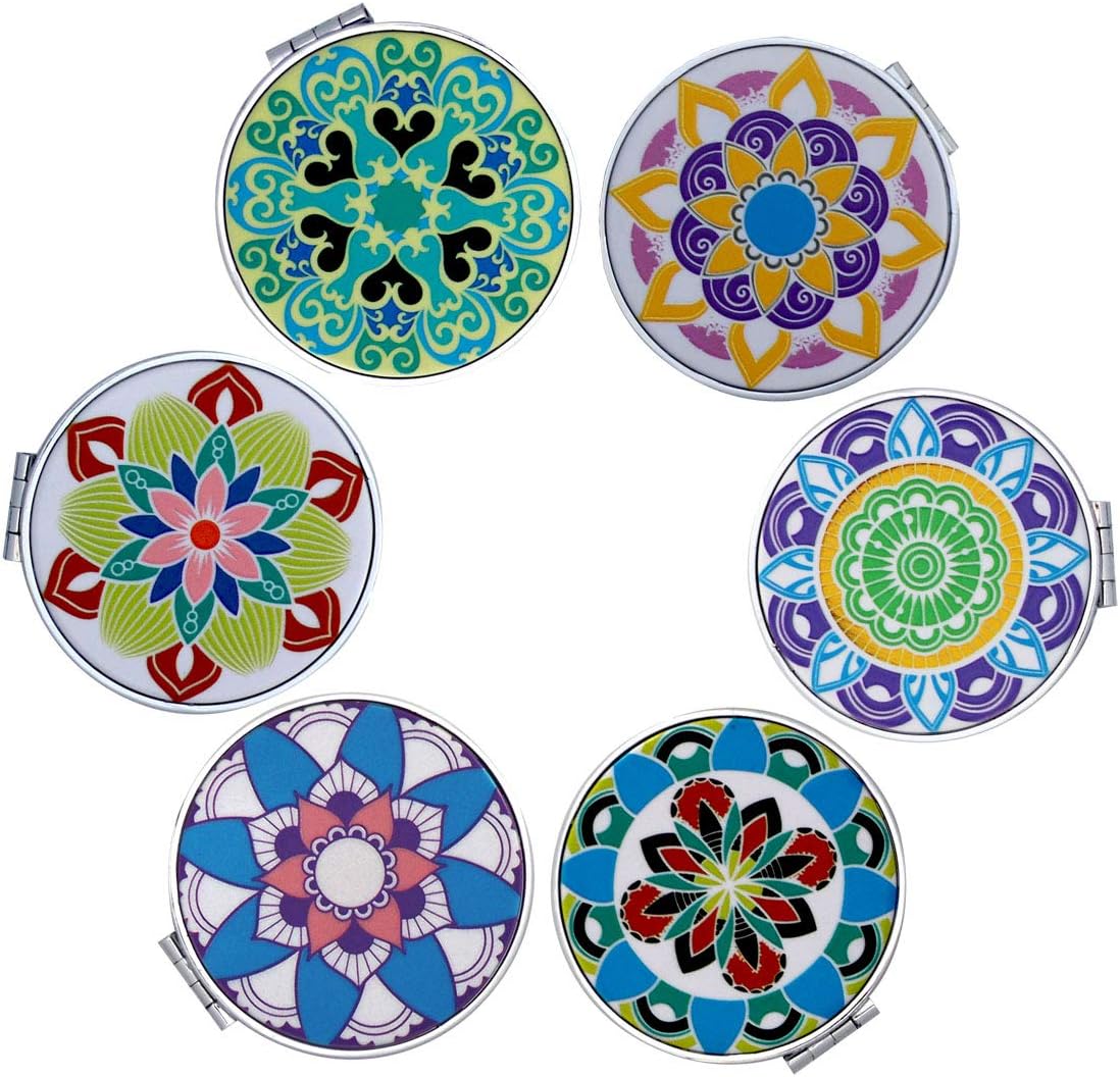 Beaufy Small Magnifying Travel Compact Makeup Mirror Handheld Mini Pocket Purse Folding Portable - Dual Beauty Cosmetic Mirrors for Women Girl Lady Men Embossing Mandala Designs Pack of 6