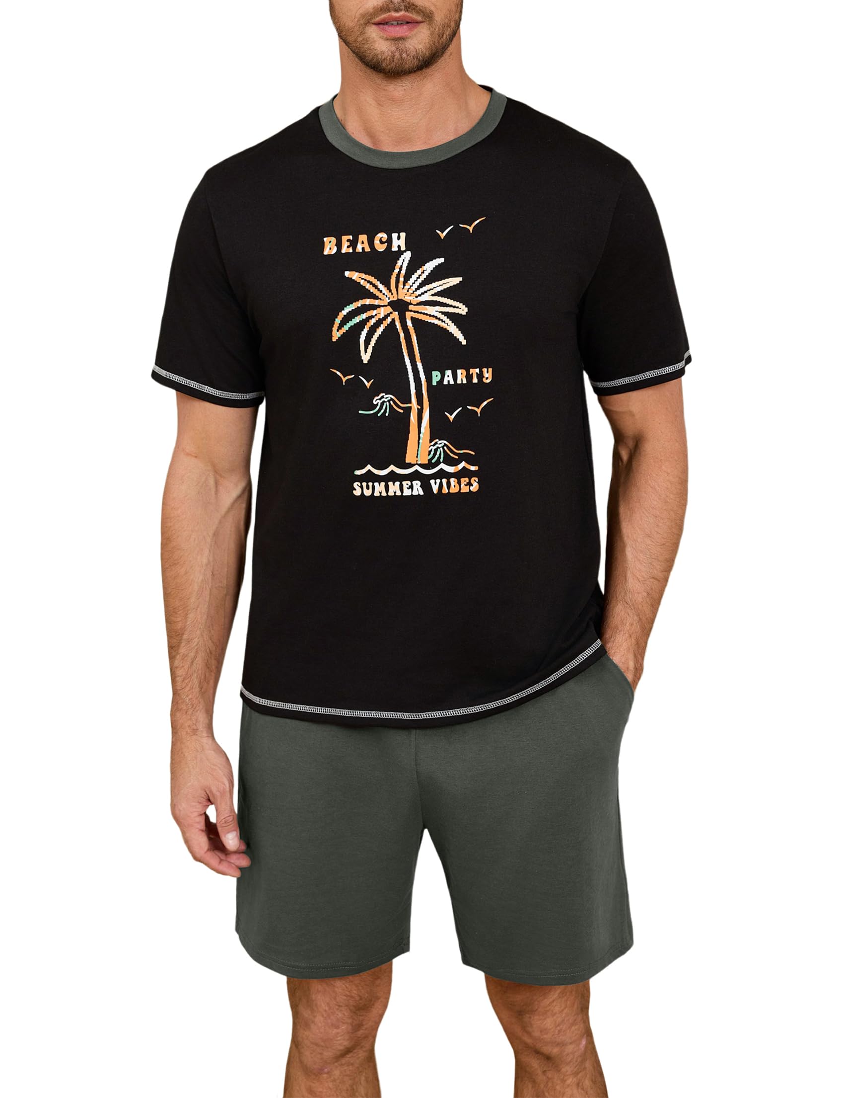 Terecey Pijama Corto Hombre Verano Impresión de Palmeras Playa Hawaiana Conjunto de Pijama Hombre Algodon Pantalón con Corto Bolsillos de Camiseta Manga Corta Ropa de Dormir