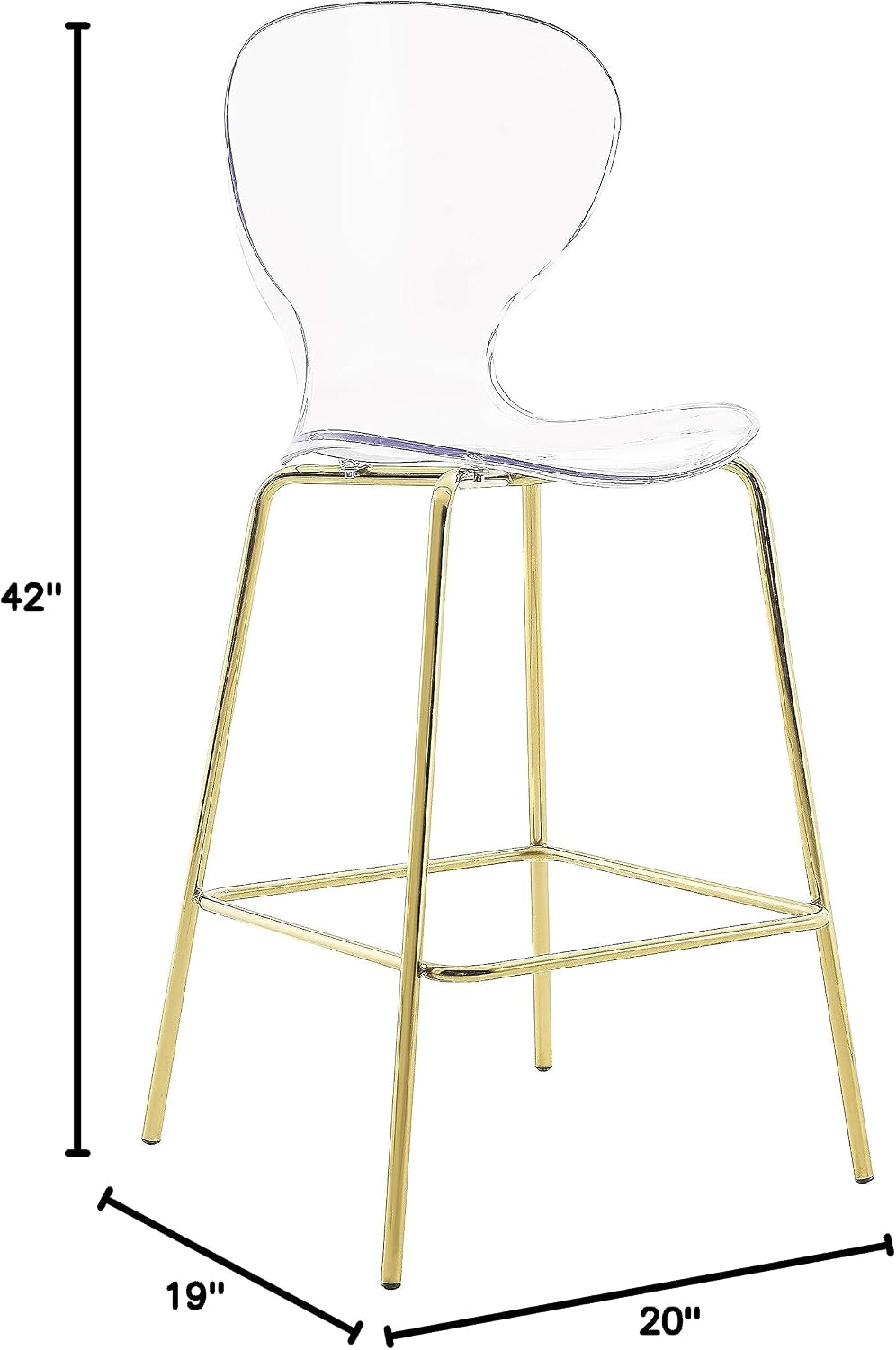 Meridian Furniture 767-C Clarion Collection Modern | Contemporary Lucite Polycarbonate Counter Height Stool with Sturdy Metal Legs, Gold Finish, 20" W x 19" D x 42" H, Set of 2