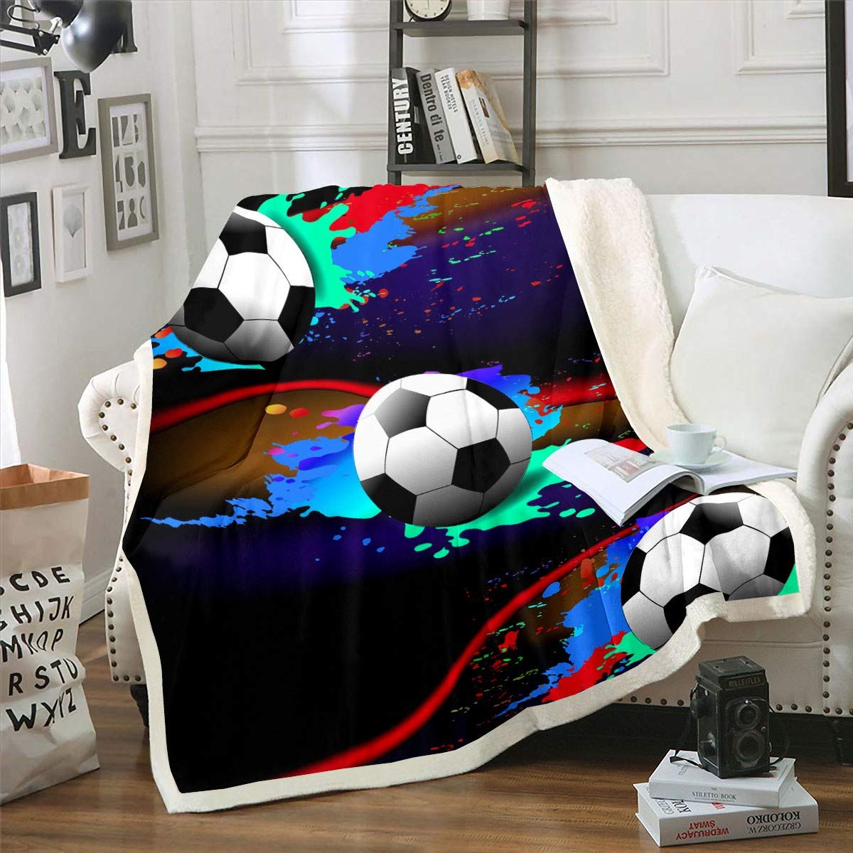 Loussiesd Coperta da calcio Coperta in peluche sportiva per letto Divano per bambini Campo da calcio Sherpa Coperta giochi competitivi Coperta sfocata Coperta doppia 150 x 179 cm