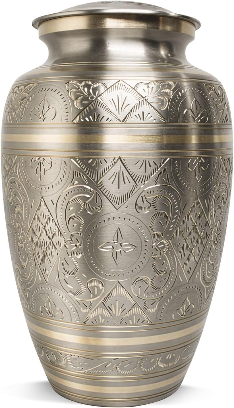 Cremation Urns for Human Ashes – Handcrafted 200 Cu in Brass Memorial Urn with Tight-Seal Lid, Velvet Bag & Gift Box – A Beautiful, Lasting Tribute for Loved Ones(Silver, Large)