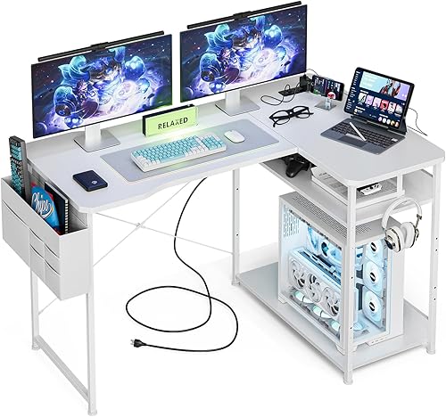 Escritorio para juegos en forma de L de 40 pulgadas - Escritorio de esquina para computadora con tomas de corriente, estantes reversibles y bolsa de
