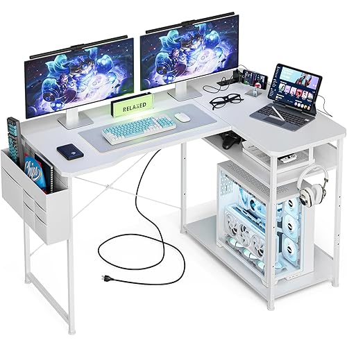 L Shaped Gaming Desk 48 Inch - Computer Corner Desk with Power Outlets, Reversible Shelves & Storage Bag for Home Office, PC Gaming Table, White Carbon