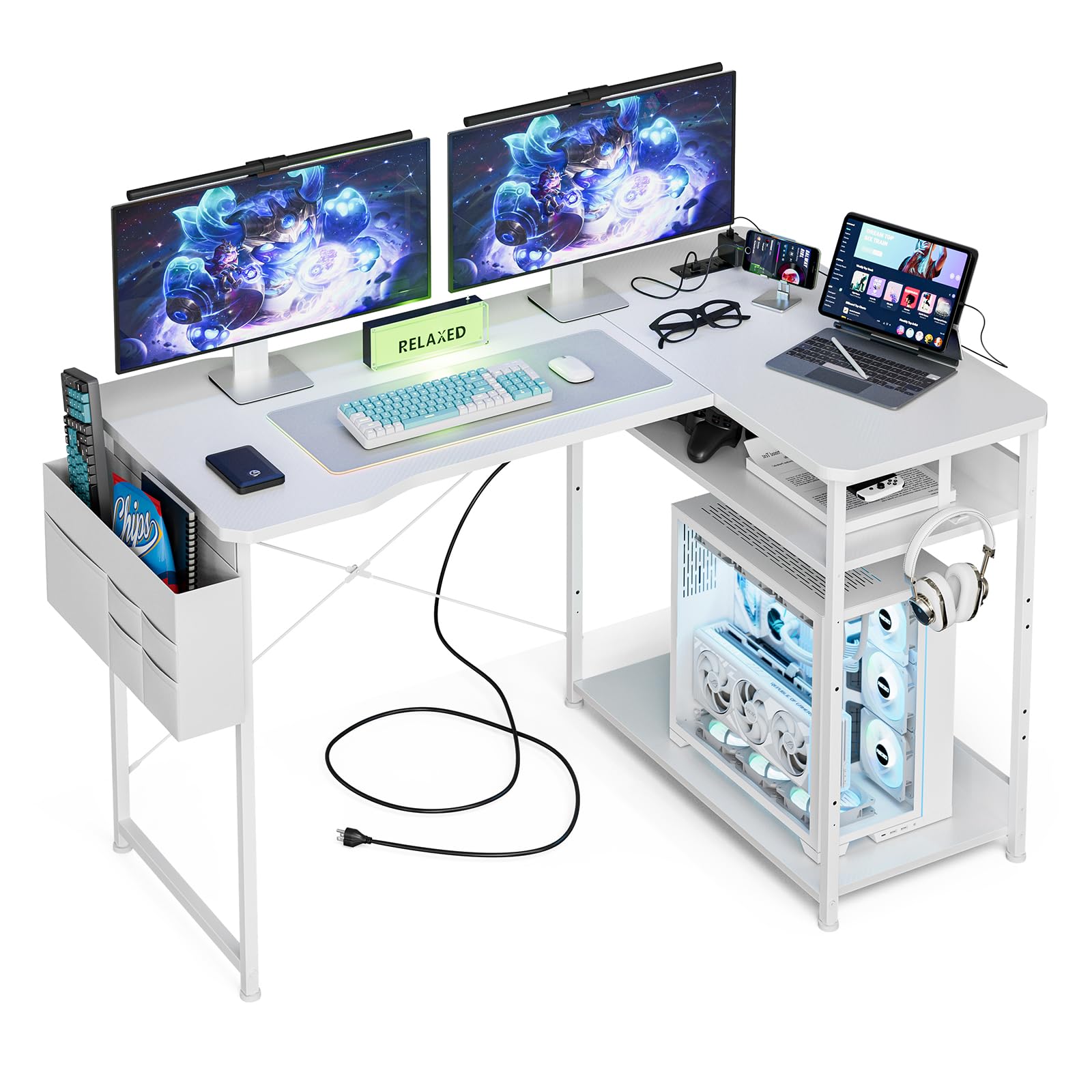Amazon | Acrolix ゲーミングデスク ホワイトカーボン調 コンセント