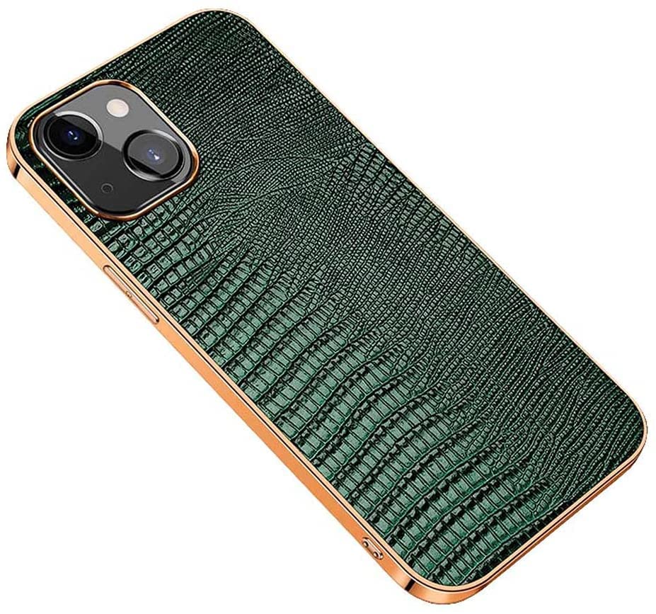 Étui cuir iPhone 13 Mini 5.4 motif lézard housse arrière antichoc vert or 2021