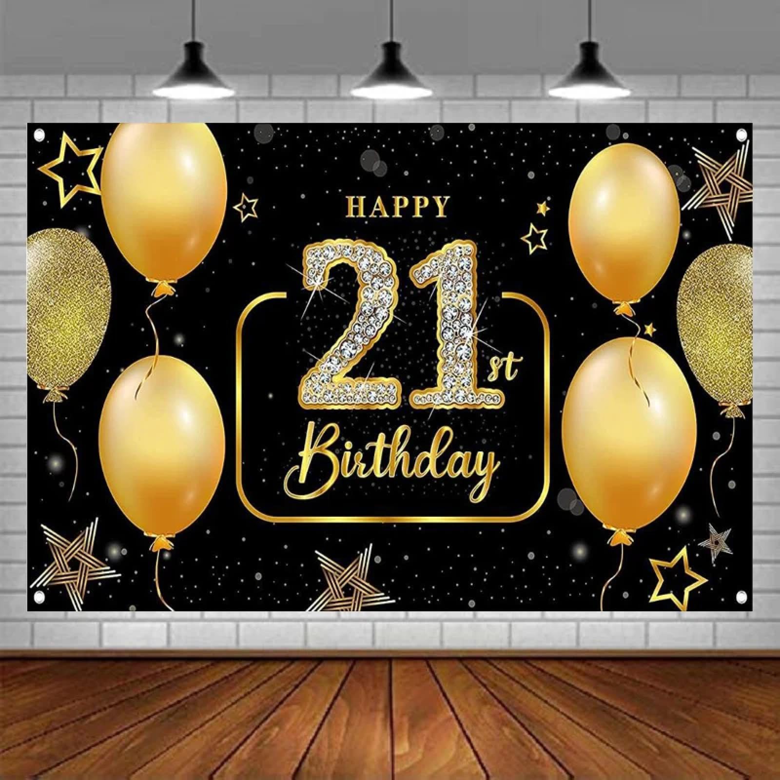 Zdjęcie tła Happy 21 Birthday Banner Decor dla mężczyzn kobiet czarne i złote tło Znak fotograficzny Booth Akcesoria