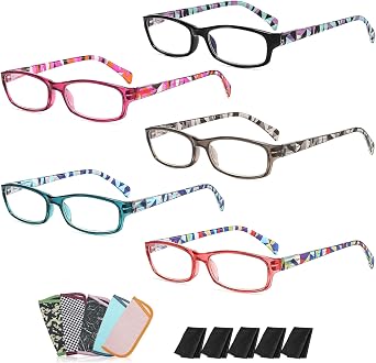 Womens Fashion Reading Glasses, 5 Pairs Blue Light Blocking Readers with Durable Spring Hinges 0.5x to 4.0x