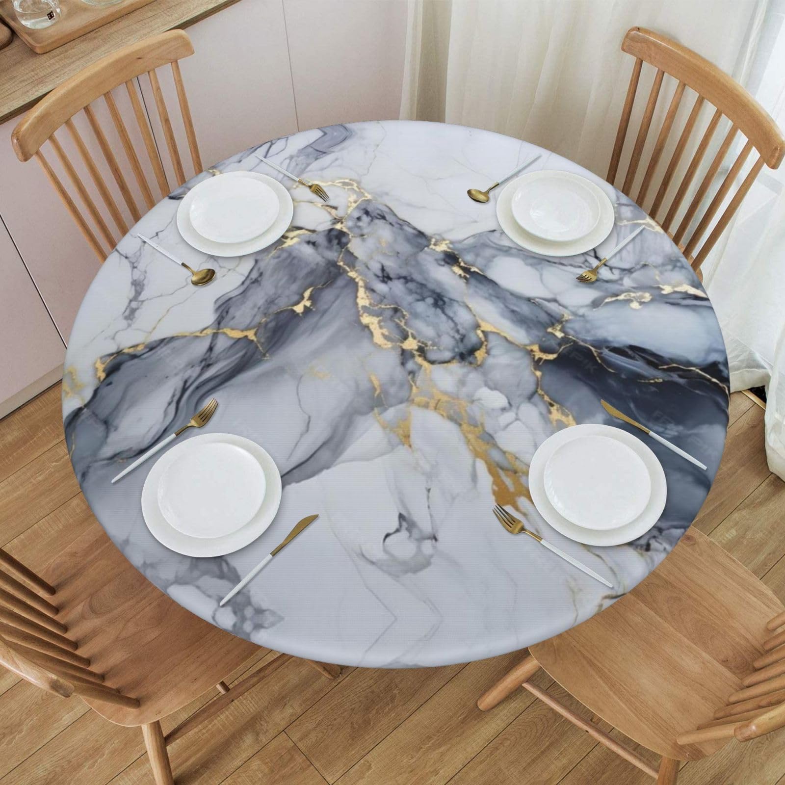 BOXIMIAO Grey White Gold Marble Round Tablecloth with Elastic Edge Table Cover Waterproof Reusable Table Cloth for Holiday Kitchen Party Patio,S(40"-