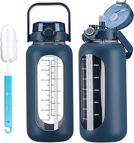 Miniatura 14 de Botellas de agua de vidrio de 64 oz con pajilla de medio galón, botella de agua motivacional grande con marcador de tiempo, botellas de agua