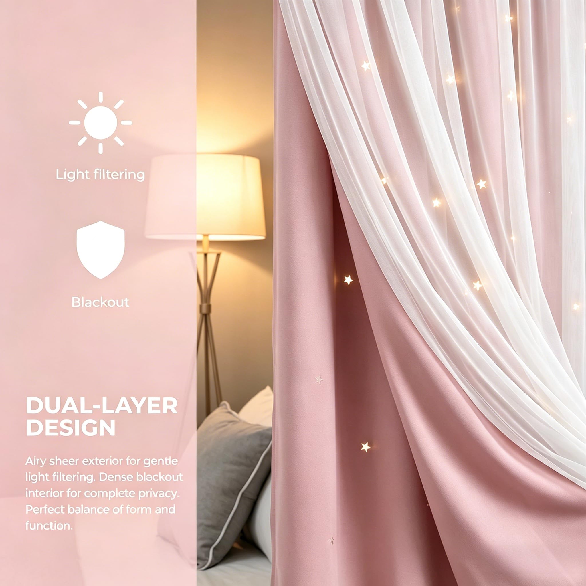 Lot de 2 Rideaux de Princesse pour Chambre de Fille avec Superposition Transparente, Double Couche pour Salon avec découpe étoile, Rideaux pour Chambre d'enfant (177,8 x 241,3 cm, Rose)