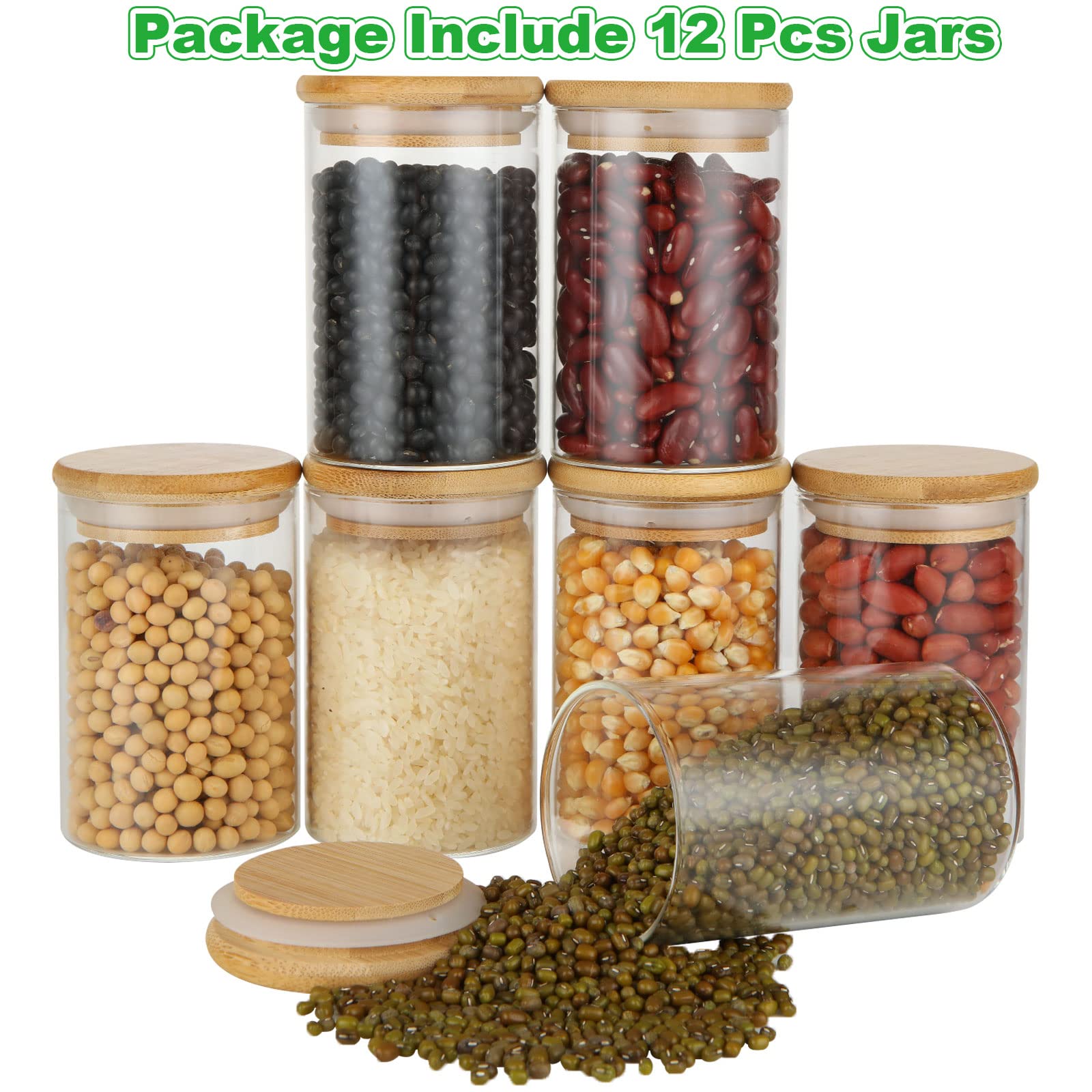 JMIATRY Set di 12 barattoli di vetro per spezie da 300 ml con coperchi ermetici in bambù, etichette e penna, barattoli in vetro trasparente per farina, zucchero, caffè, caramelle e snack