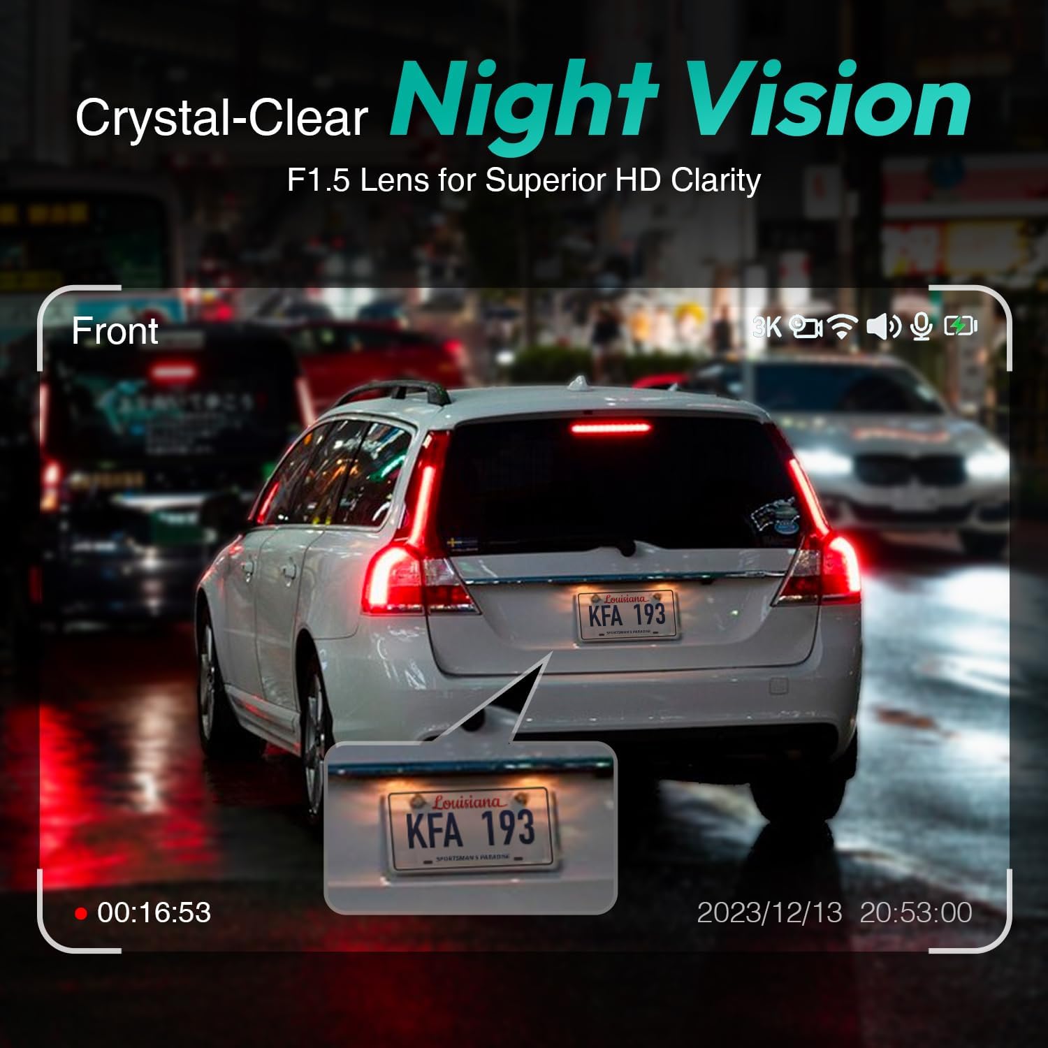 Dash cam footage showing clear night vision of a car's license plate