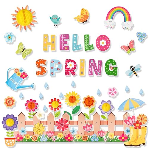 Konsait Spring Bulletin Board Decorations, 59Pcs Raindrop Flower Hello Spring