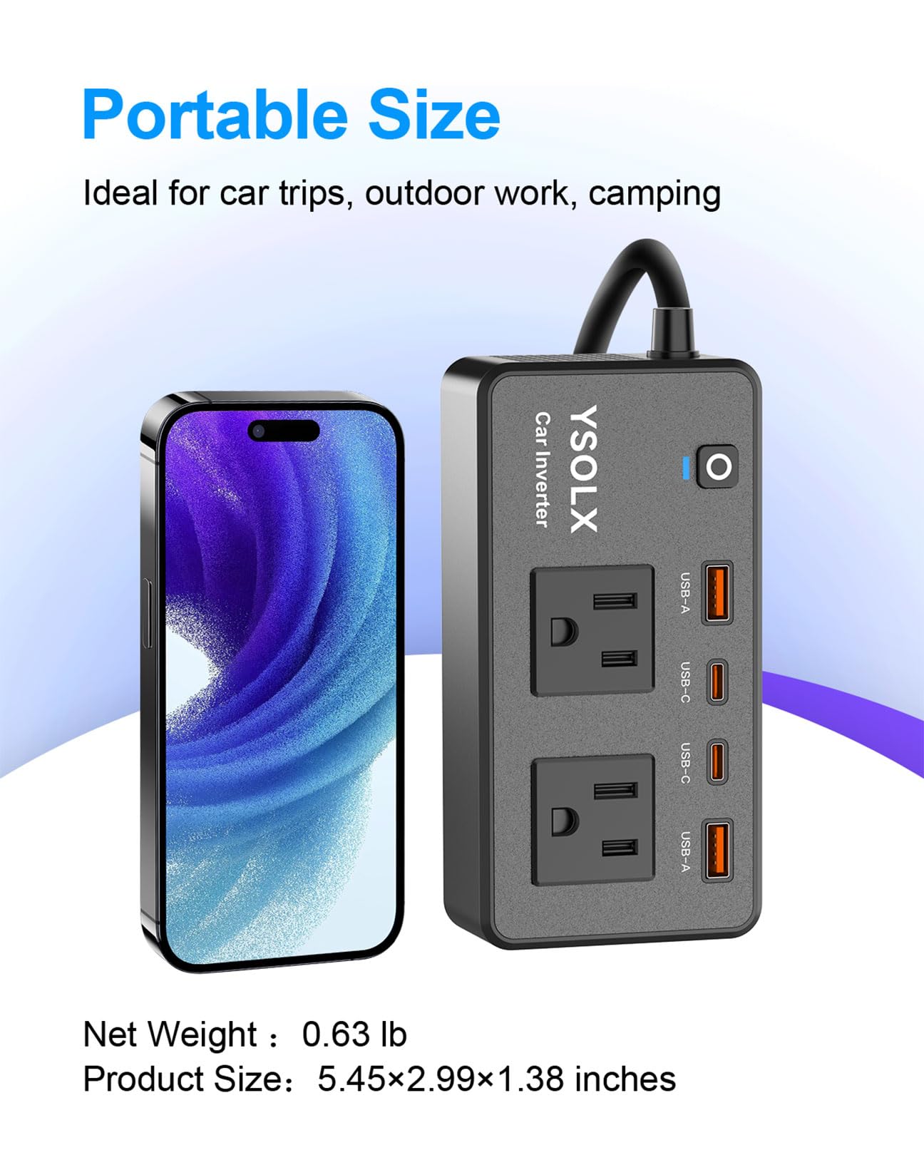 300W Car Power Inverter - YSOLX Dual DC 12V to 110V AC Car Outlet Adapter to Wall Plug — view 5