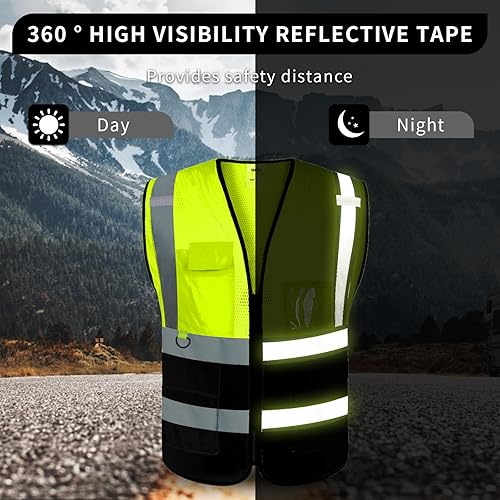 Miniatura 6 de BeautyWill Chaleco de seguridad con logotipo personalizado, Hi Vis Clase 2, chaleco reflectante de construcción unisex con 5 bolsillos