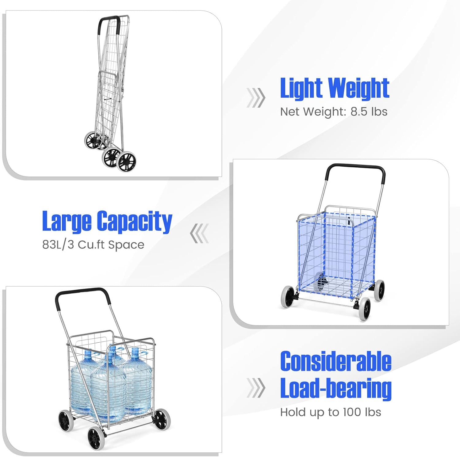 COSTWAY Shopping Cart demonstrating large capacity with water bottles.