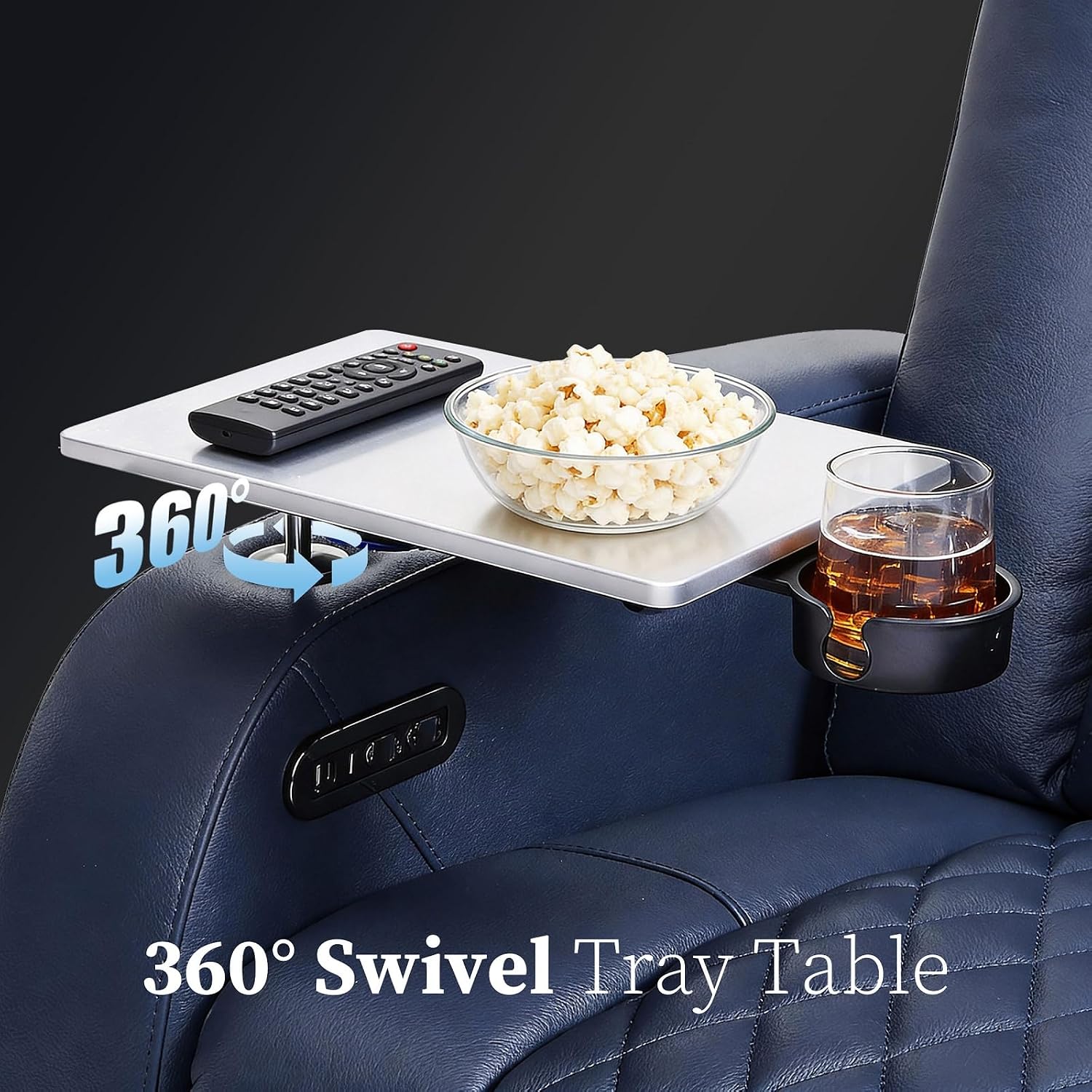 PBRO Home Theater Seating Genuine Leather Recliner Chair, Power Reclining & Headrest, USB A/C Charging Ports, Tray Table, Cup Holder Ambient Lighting Blue Row of 3 Loveseat Left
