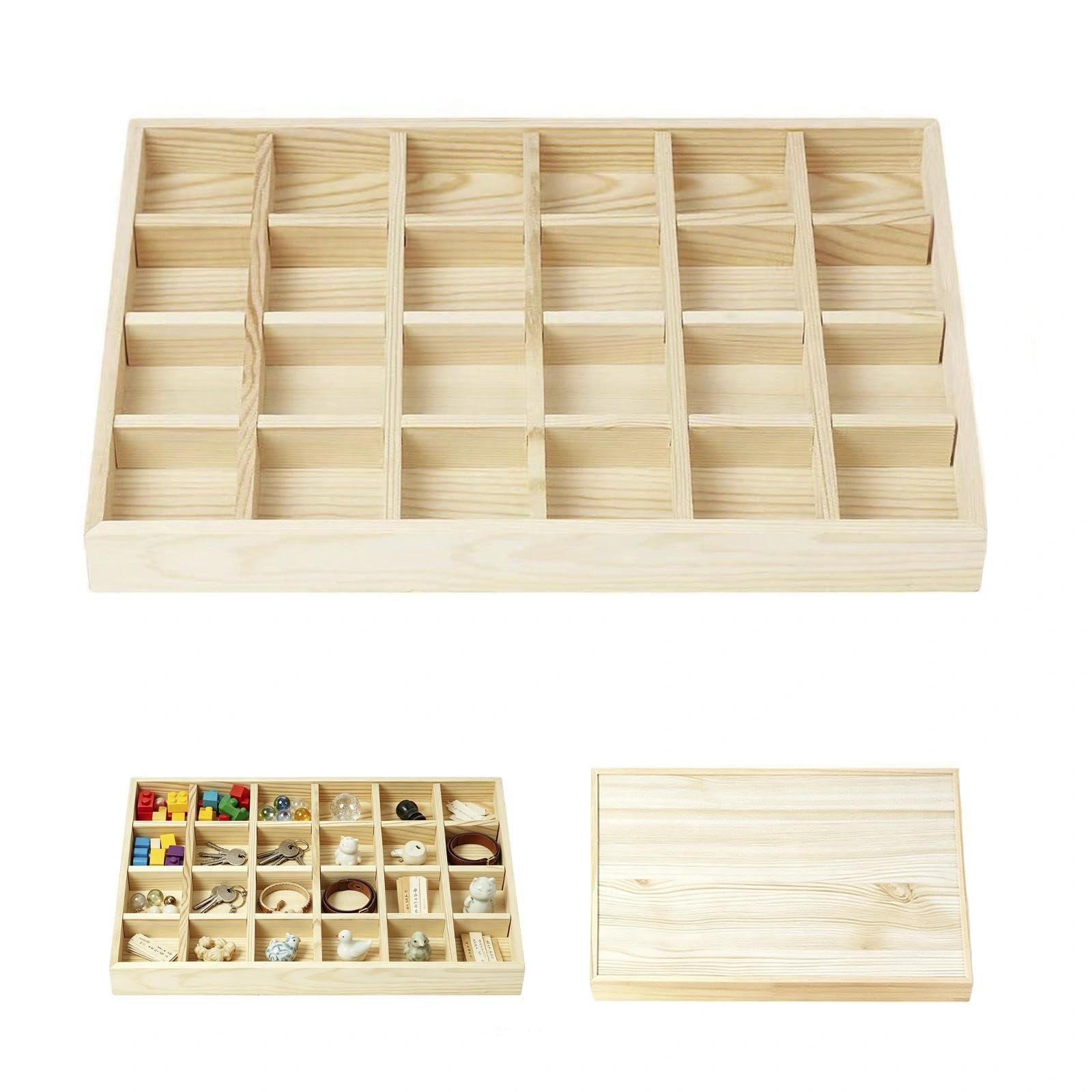 Wooden Storage Box with Compartments, Divided Display Tray, Multi Grid Wood Organiser Box for Jewellery Keepsakes Collectibles Underwear and Small Knick Knacks, Home Storage and Organisation (24 GR)