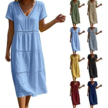 Linen Dresses for Women 2026 Boho Lace Cotton Midi Dresses Summer Short Sleeve V Neck Tiered Ruffle Hem Beach Dress