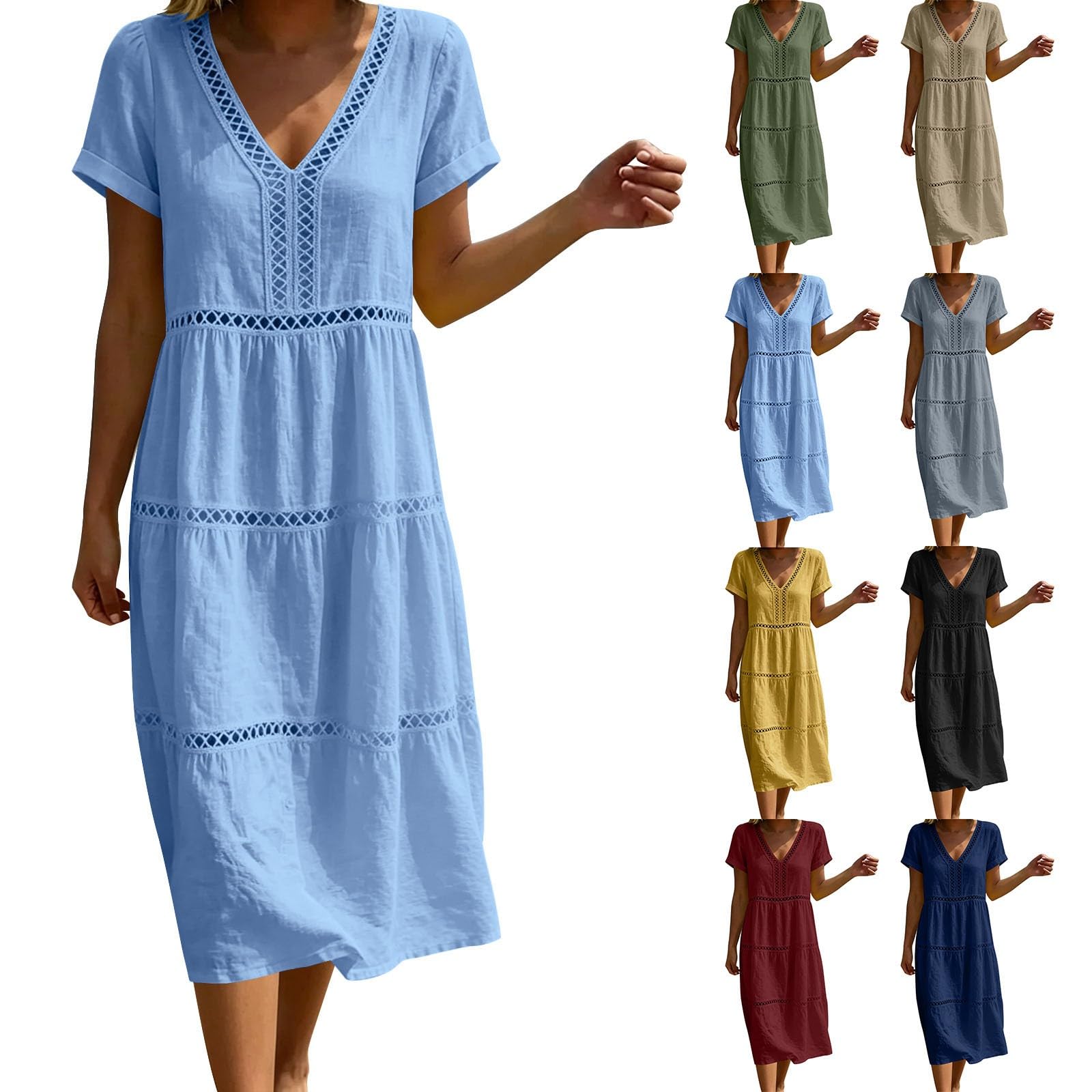 Sommerkleid Damen Lang Boho Elegant 3/4 Ärmel Lochstickerei Musselin Locker Boho Kleid Sommer Strandkleid Elegant Baumwolle Leinenkleid A-Linie Hohe Taille Maxikleid Leicht und Luftig Freizeitkleid
