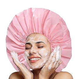 Extra Large Shower Cap 2 PCS Waterproof Shower Caps for Women, Super Jumbo Shower Cap, Reusable Super Large Bath Caps Hair Cap for Long Thick Curly Hair, Locs, Twist Braids - Black + Pink