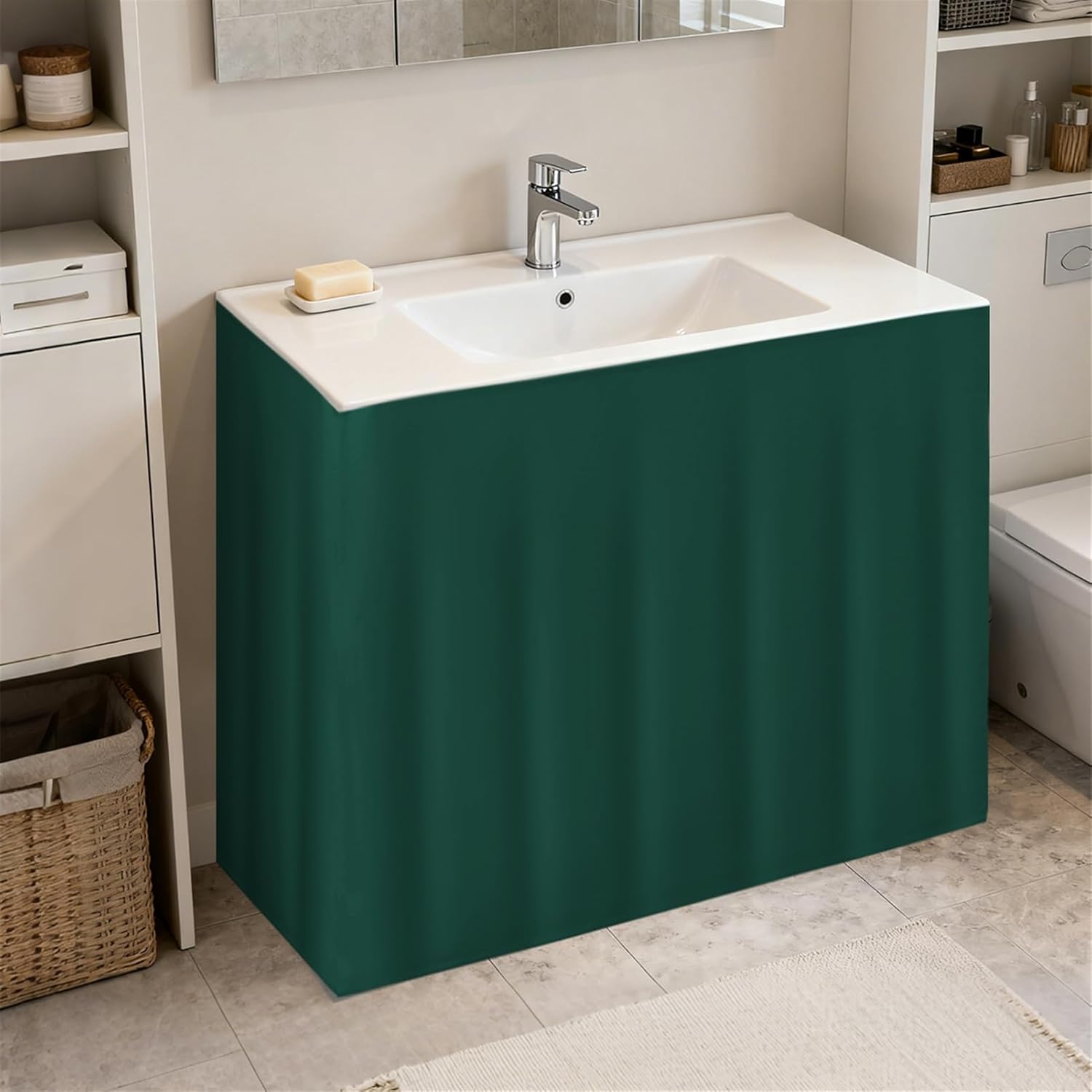 Icegrey Fabric Sink Skirt, 55 x 32 Inch Self Stick Adhesive Waterproof Under Sink Curtain Skirt, Adds Bathroom Storage, Dark Green