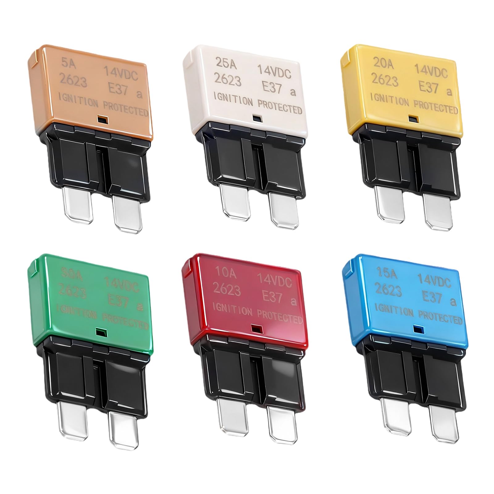 Lot de 6 fusibles de réinitialisation automatique DC 12 V 5 A 10 A 15 A 20 A 25 A 30 A E37 Disjoncteur faible profil pour voiture Fusibles plats avec réinitialisation automatique