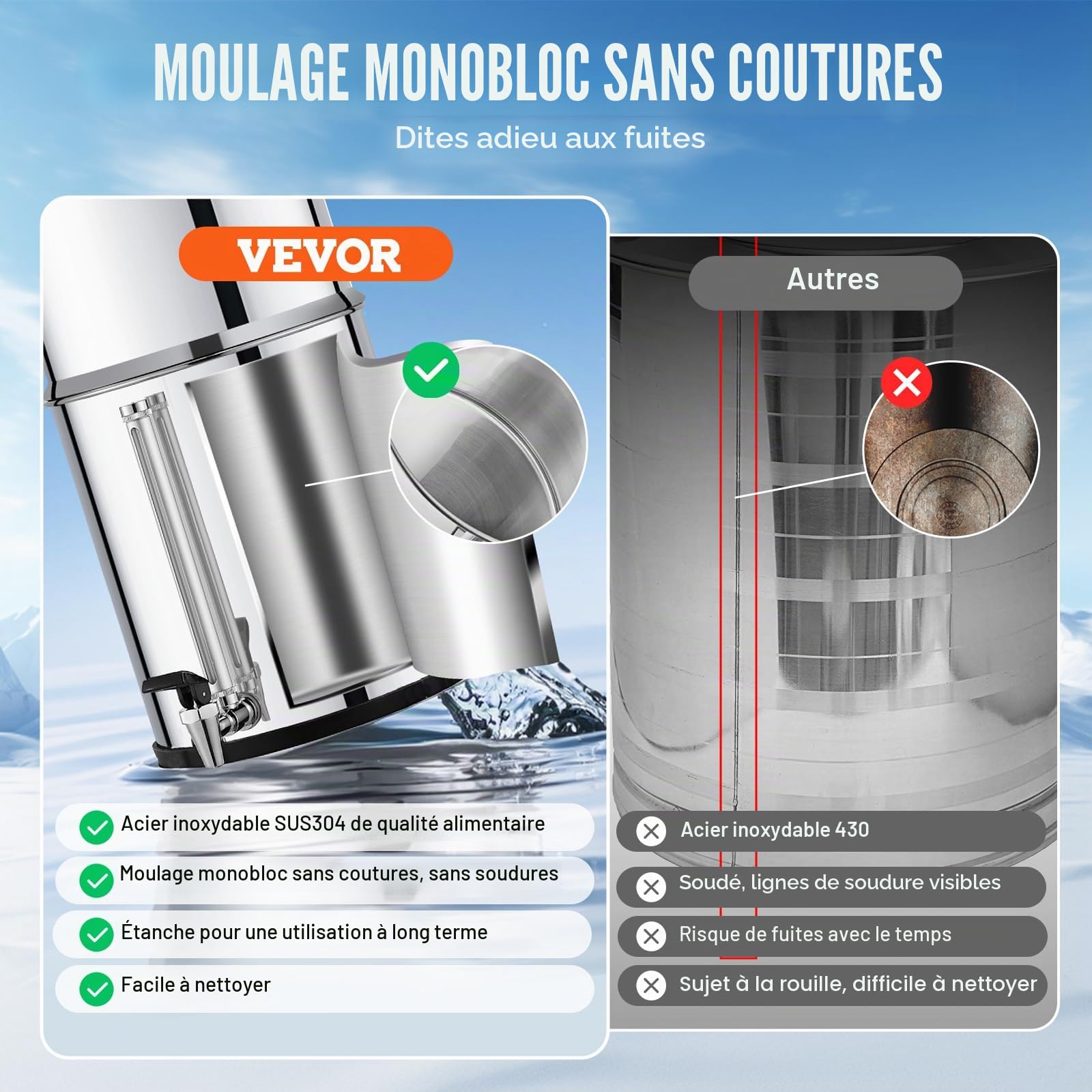 VEVOR Système de Filtration d'Eau par Gravité 7,5 L, Filtre à Eau par Gravité Réduction du Plomb et jusqu'à 99% du Chlore, Inox 304, avec 2 Filtres à Charbon Actif, 2 Filtres de Défluoration, Robinet