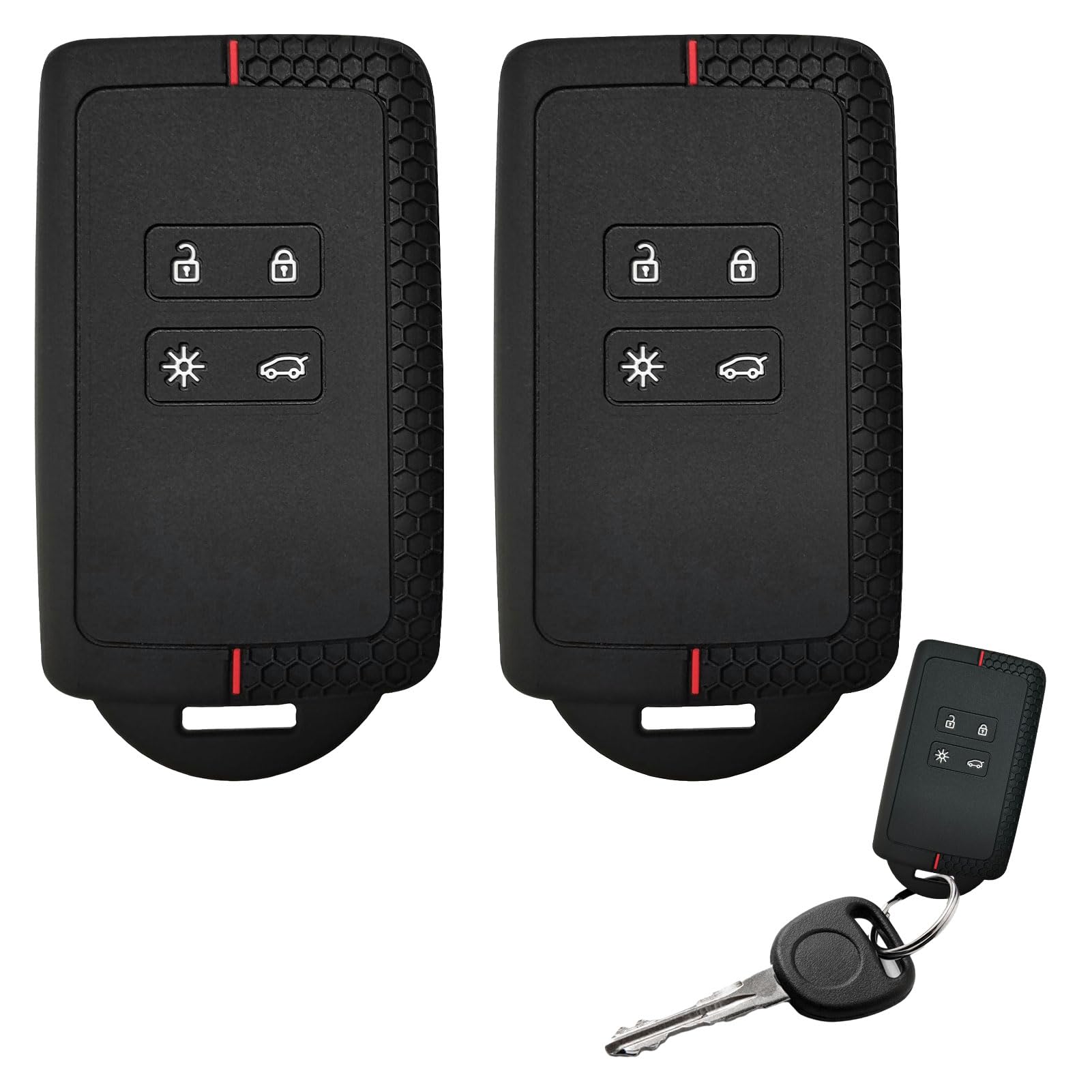 Renault Clio Key Card Case - 2 Pcs Silicone Key Cover, Dacia Compatible - 4 Button (Red-Line)