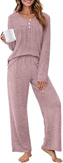 WIHOLL Pajamas for Women Set 2 Piece Lounge Sets Long Sleeve Fall Outfits | Soft Brush Knit,Button Down Pajamas Pjs Set,Henley Tops,Cozy Matching Clothing,Fall Sleepwaer