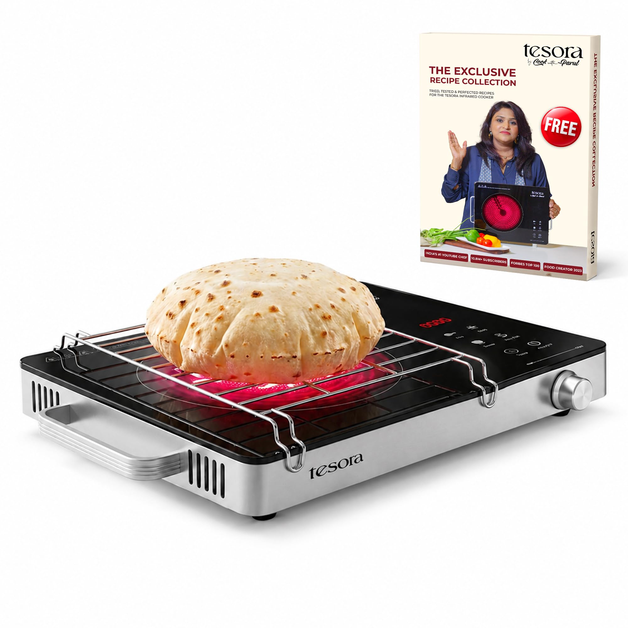 Tesora Infrared Cooktop 2200W by Cook with Parul | Works with All Cookware | Jog Dial + Digital Display | 4 Preset | Grill Rack | Uniform Heating | Crystal Glass Top | Auto Shut-Off