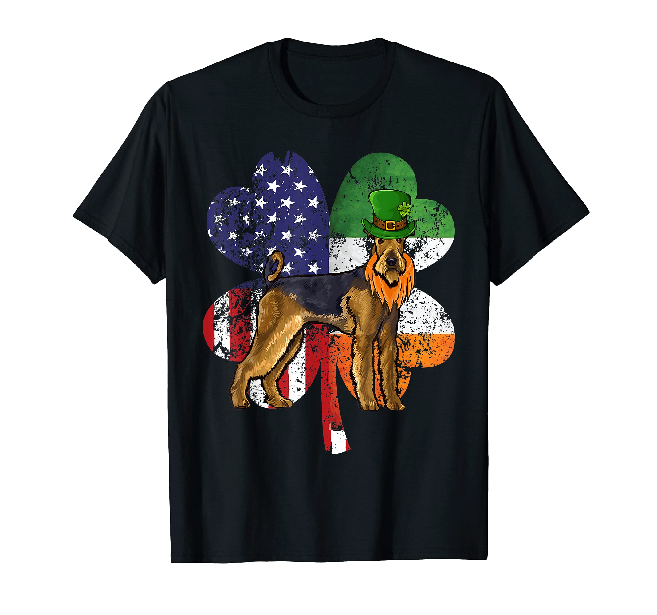 St Patricks Day Irish American Flag Airedale Terrier Dog T-Shirt, Black
