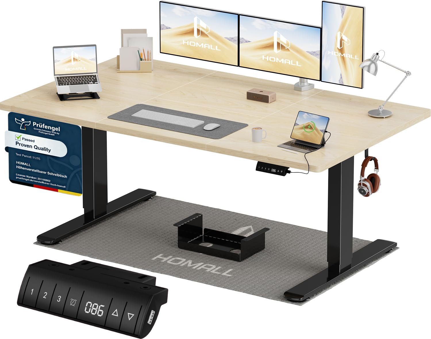 Homall Höhenverstellbarer Schreibtisch 140x70cm mit USB-A Ladeanschluss, Elektrischer Schreibtisch mit Kabel Management Tray, Standing Desk mit 3 Memory Funktion, Computertisch Beige+Schwarz