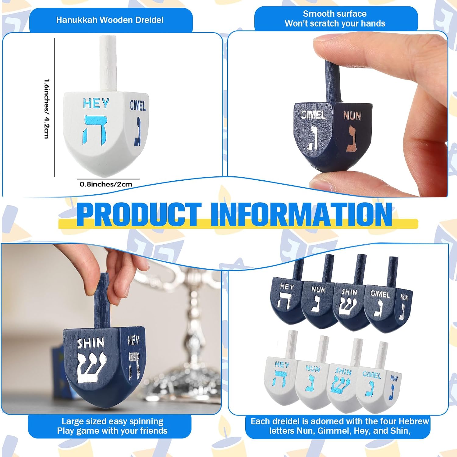 Jenaai 100 Pieces Passover Wooden Dreidel White Blue Natural Wood Dreidels for Purim Rosh Hashana Hanukkah Party Decorations Projects Crafts Family Fun (1.6 Inch)
