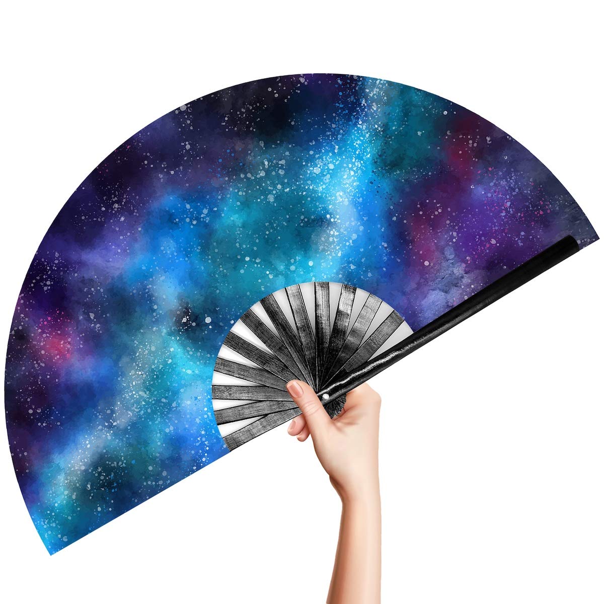 OMyTea Large Rave Clack Folding Hand Fan for Men/Women - Chinese Japanese Bamboo Handheld Fan - for EDM, Music Festival, Club, Event, Party, Dance, Performance, Decoration, Gift (Stardust)