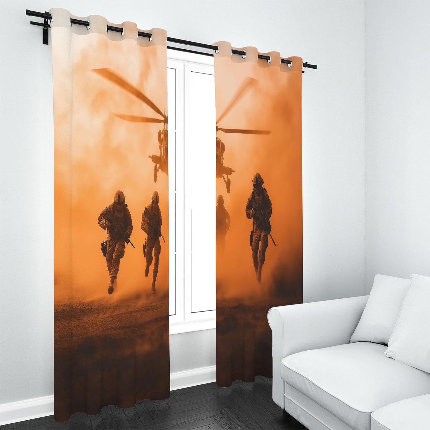 Special Forces Light Blocking Curtains, Helicopter Battlefield Curtains Thermal Soundproof, Battlefield Military Drapes for Bedroom Grommet Window Blackout Curtain 2 Panel Set, 52"x54"